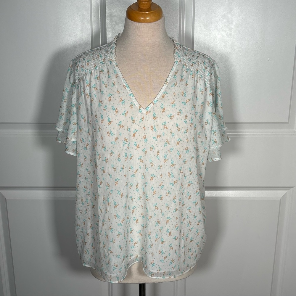 Ann Taylor V Neck Chiffon Floral Blue & Orange Top